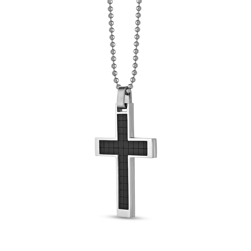 Men's Cross Pendant in Stainless Steel and Black Ion Plate - 22"