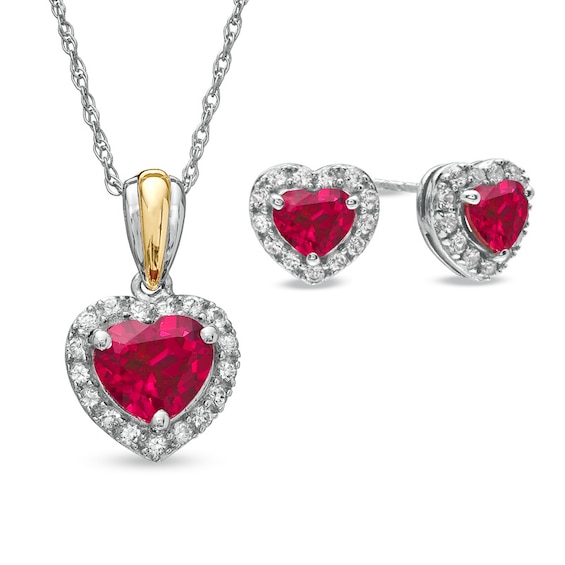 Heart-Shaped Lab-Created Ruby and White Sapphire Pendant and Earrings Set in Sterling Silver with 14K Gold Plate
