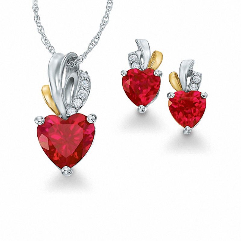 Main Image 1 of Heart-Shaped Lab-Created Ruby and White Sapphire Pendant and Earrings Set in Sterling Silver and 18K Gold Plate
