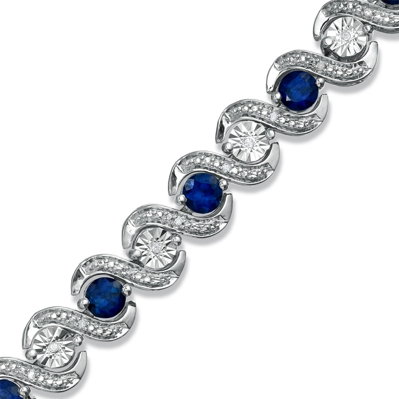 Main Image 1 of Lab-Created Ceylon Sapphire and 1/10 CT. T.W. Diamond Bracelet in Sterling Silver - 7.25"