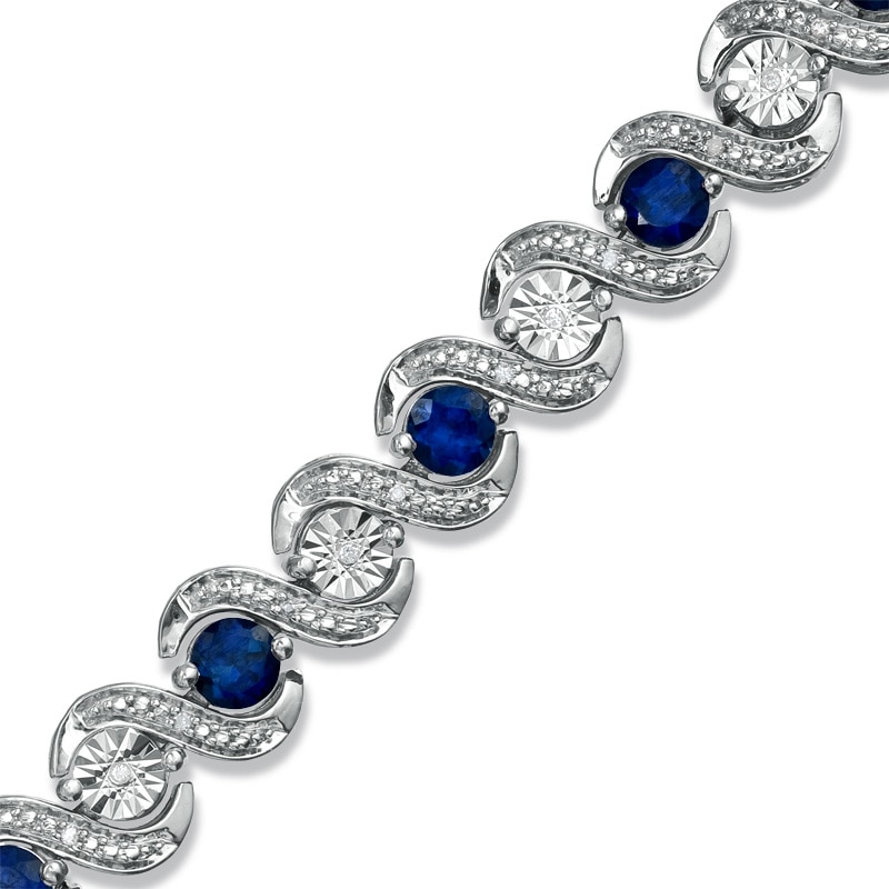 Lab-Created Ceylon Sapphire and 1/10 CT. T.W. Diamond Bracelet in Sterling Silver - 7.25"