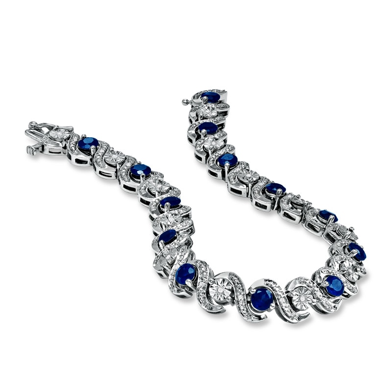 Main Image 2 of Lab-Created Ceylon Sapphire and 1/10 CT. T.W. Diamond Bracelet in Sterling Silver - 7.25"
