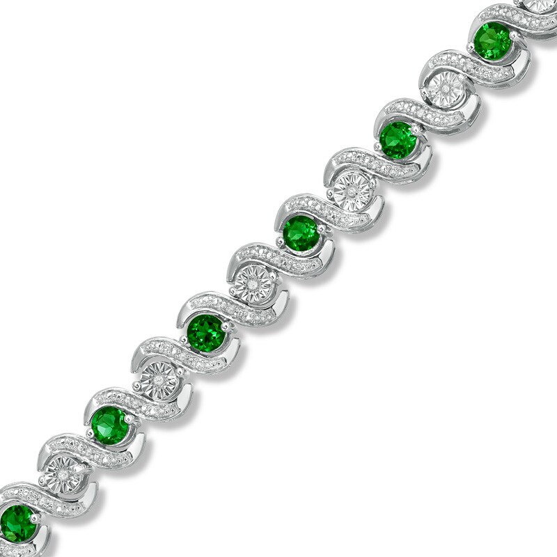 Main Image 1 of Lab-Created Emerald and 1/8 CT. T.W. Diamond Tennis Bracelet in Sterling Silver - 7.25"
