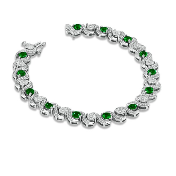 Lab-Created Emerald and 1/8 CT. T.w. Diamond Tennis Bracelet in Sterling Silver - 7.25"