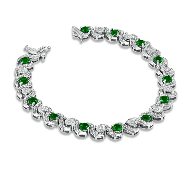 Main Image 2 of Lab-Created Emerald and 1/8 CT. T.W. Diamond Tennis Bracelet in Sterling Silver - 7.25"