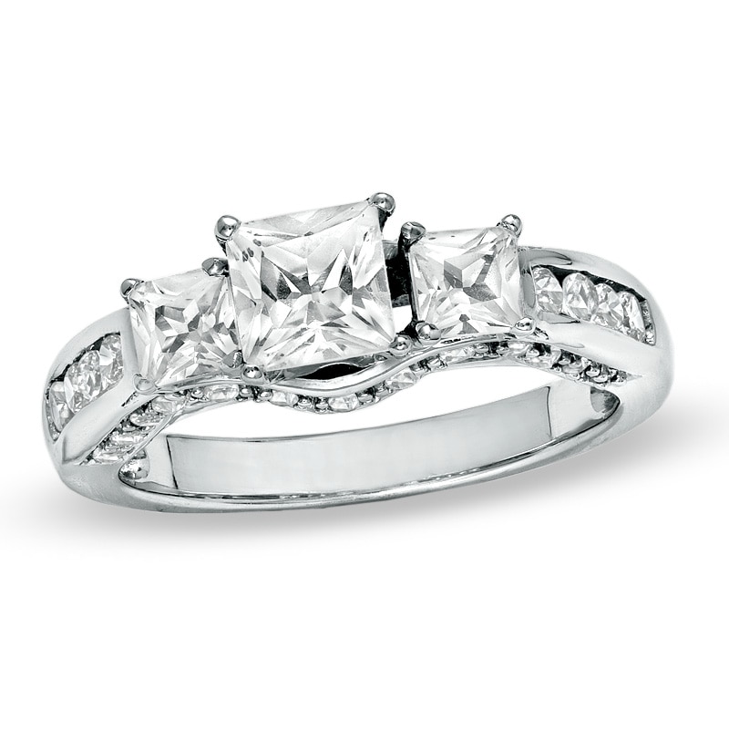 Princess-Cut Lab-Created White Sapphire Three Stone Ring in Sterling Silver