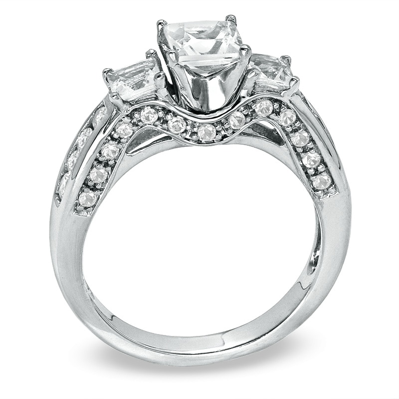 Princess-Cut Lab-Created White Sapphire Three Stone Ring in Sterling Silver