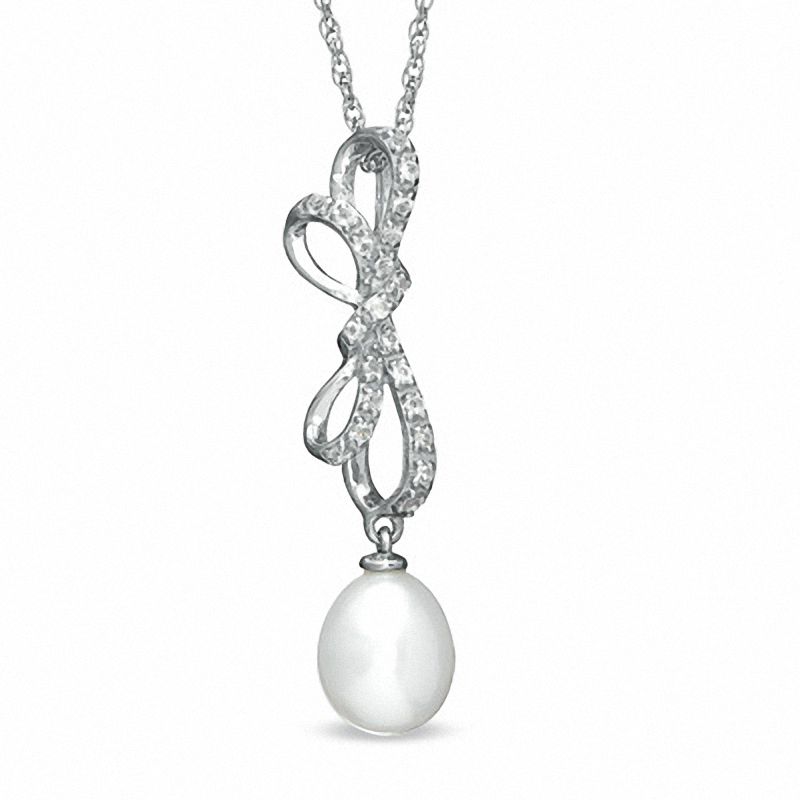 Main Image 1 of 7.0-7.5mm Freshwater Cultured Pearl and White Topaz Bow Pendant in Sterling Silver