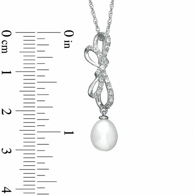 Main Image 2 of 7.0-7.5mm Freshwater Cultured Pearl and White Topaz Bow Pendant in Sterling Silver