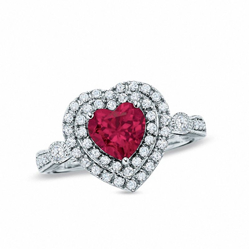 Main Image 1 of 7.0mm Heart-Shaped Lab-Created Ruby and White Sapphire Heart Ring in Sterling Silver