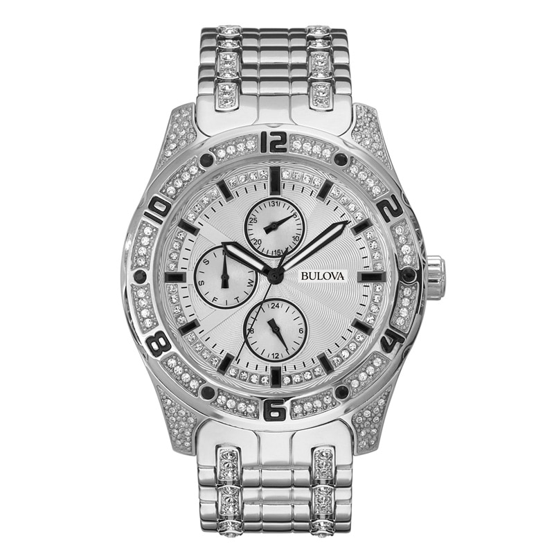 Main Image 1 of Men's Bulova Crystal Accent Chronograph Watch with Silver-Tone Dial (Model: 96C106)