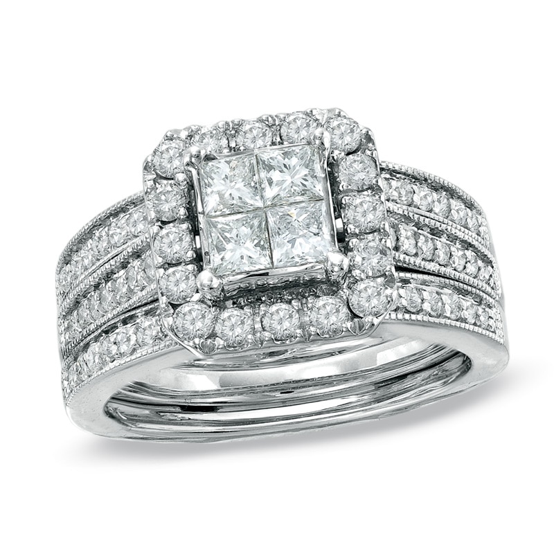 1-1/2 CT. T.W. Quad Princess-Cut Diamond Vintage-Style Bridal Set in 14K White Gold