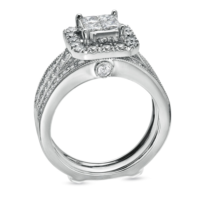 1-1/2 CT. T.W. Quad Princess-Cut Diamond Vintage-Style Bridal Set in 14K White Gold