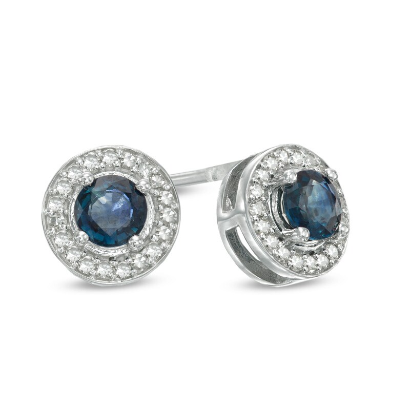 Main Image 1 of 4.0mm Blue Sapphire and 1/10 CT. T.W. Diamond Frame Stud Earrings in 10K White Gold