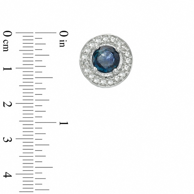 Main Image 2 of 4.0mm Blue Sapphire and 1/10 CT. T.W. Diamond Frame Stud Earrings in 10K White Gold