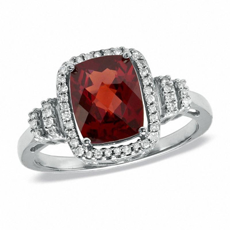 Main Image 1 of Cushion-Cut Garnet and 1/8 CT. T.W. Diamond Frame Ring in 10K White Gold