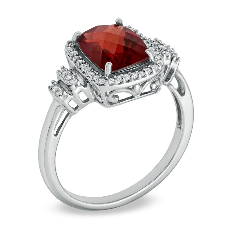 Main Image 2 of Cushion-Cut Garnet and 1/8 CT. T.W. Diamond Frame Ring in 10K White Gold