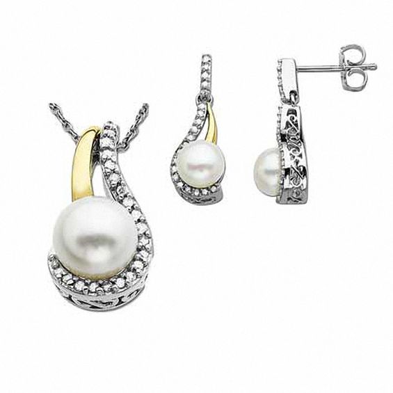 Freshwater Cultured Pearl and 1/5 CT. T.w. Diamond Pendant and Earrings Set in Sterling Silver and 14K Gold