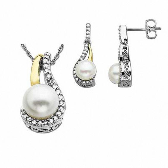 Cultured Freshwater Pearl and 1/5 CT. T.w. Diamond Pendant and Earrings Set in Sterling Silver and 14K Gold