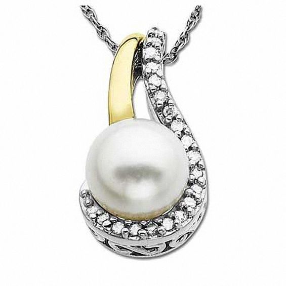 Freshwater Cultured Pearl and 1/5 CT. T.w. Diamond Pendant and Earrings Set in Sterling Silver and 14K Gold