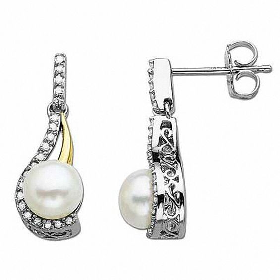 Freshwater Cultured Pearl and 1/5 CT. T.w. Diamond Pendant and Earrings Set in Sterling Silver and 14K Gold