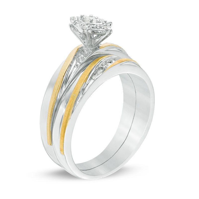 Main Image 2 of 1/10 CT. T.W. Diamond Marquise Slant Comfort Fit Wedding Ensemble in Sterling Silver and 14K Gold