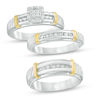 Thumbnail Image 1 of 1/10 CT. T.W. Diamond Quad Frame Collar Comfort Fit Wedding Ensemble in Sterling Silver and 14K Gold