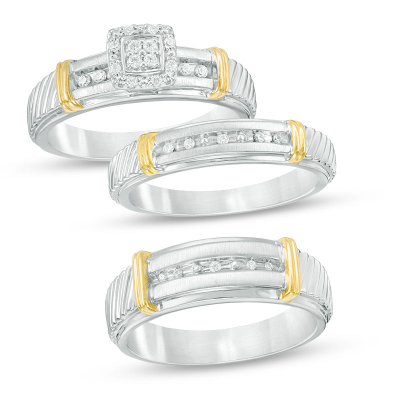 Main Image 1 of 1/10 CT. T.W. Diamond Quad Frame Collar Comfort Fit Wedding Ensemble in Sterling Silver and 14K Gold