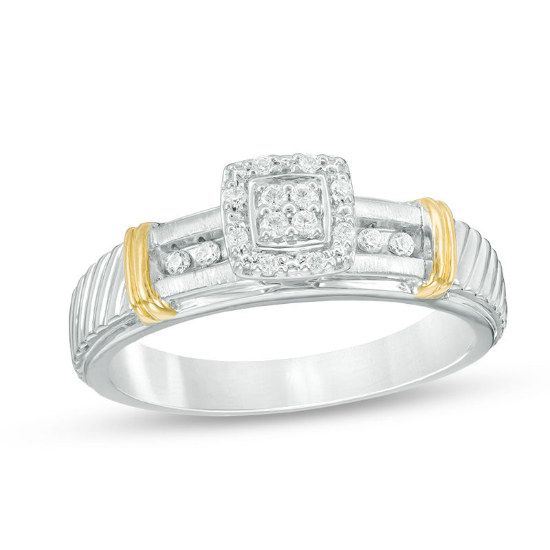 Main Image 2 of 1/10 CT. T.W. Diamond Quad Frame Collar Comfort Fit Wedding Ensemble in Sterling Silver and 14K Gold