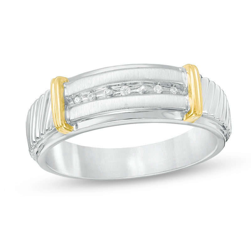 Main Image 4 of 1/10 CT. T.W. Diamond Quad Frame Collar Comfort Fit Wedding Ensemble in Sterling Silver and 14K Gold