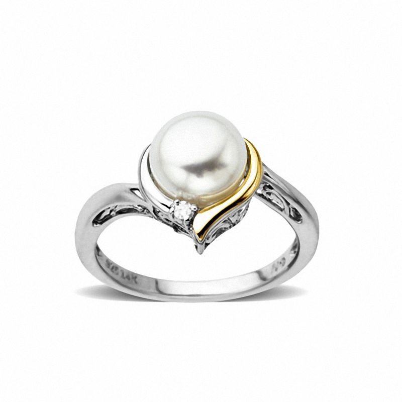 8.0mm Cultured Freshwater Pearl and Diamond Accent Ring in Sterling Silver and 14K Gold
