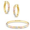 Thumbnail Image 1 of Chevron Patterned Bangle and Earrings Set in Sterling Silver and 14K Tri-Tone Gold Plate - 7.5"