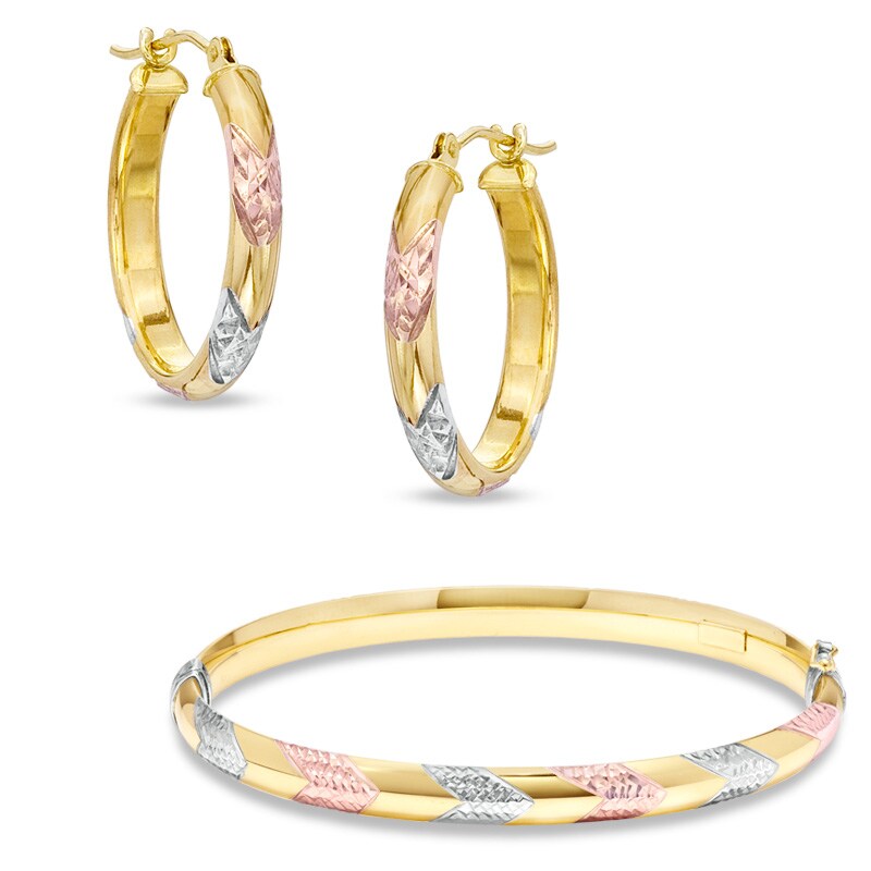 Chevron Patterned Bangle and Earrings Set in Sterling Silver and 14K Tri-Tone Gold Plate - 7.5"