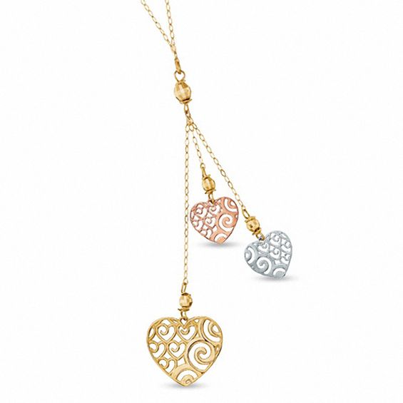 Triple Heart Dangle Pendant in 10K Tri-Tone Gold - 17"