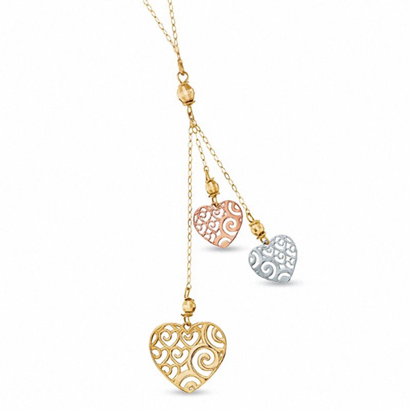 Main Image 1 of Triple Heart Dangle Pendant in 10K Tri-Tone Gold - 17"