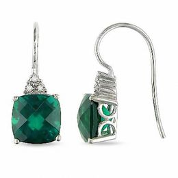 8.0mm Cushion-Cut Lab-Created Emerald and Diamond Accent Drop Earrings in 10K White Gold