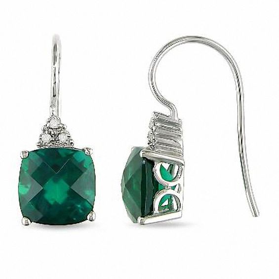 8.0mm Cushion-Cut Lab-Created Emerald and Diamond Accent Drop Earrings ...