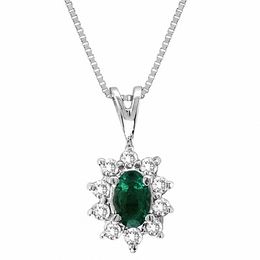 Oval Emerald and 1/7 CT. T.W. Diamond Pendant in 14K White Gold - 16&quot;