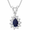 Thumbnail Image 0 of Pear-Shaped Blue Sapphire and 1/7 CT. T.W. Diamond Pendant in 14K White Gold - 16"