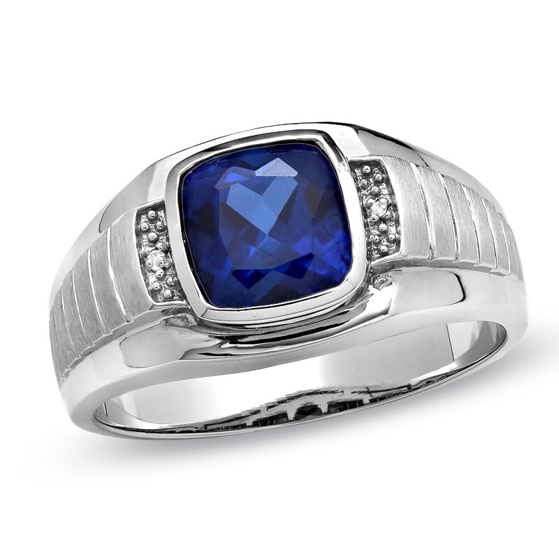 Men's Cushion-Cut Lab-Created Blue Sapphire and Diamond Accent Ring in 10K White Gold