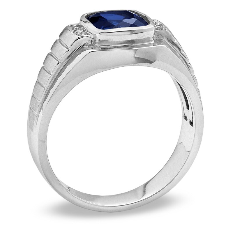 Main Image 2 of Cushion-Cut Lab-Created Blue Sapphire and Diamond Accent Ring in 10K White Gold