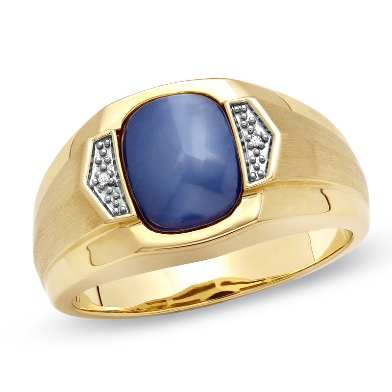 Main Image 1 of Men's Cushion-Cut Lab-Created Blue Star Glass and Diamond Accent Ring in 10K Gold