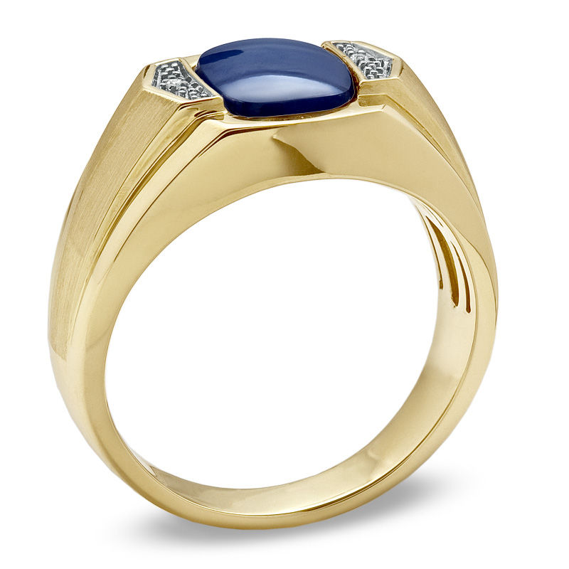 Main Image 2 of Men's Cushion-Cut Lab-Created Blue Star Glass and Diamond Accent Ring in 10K Gold