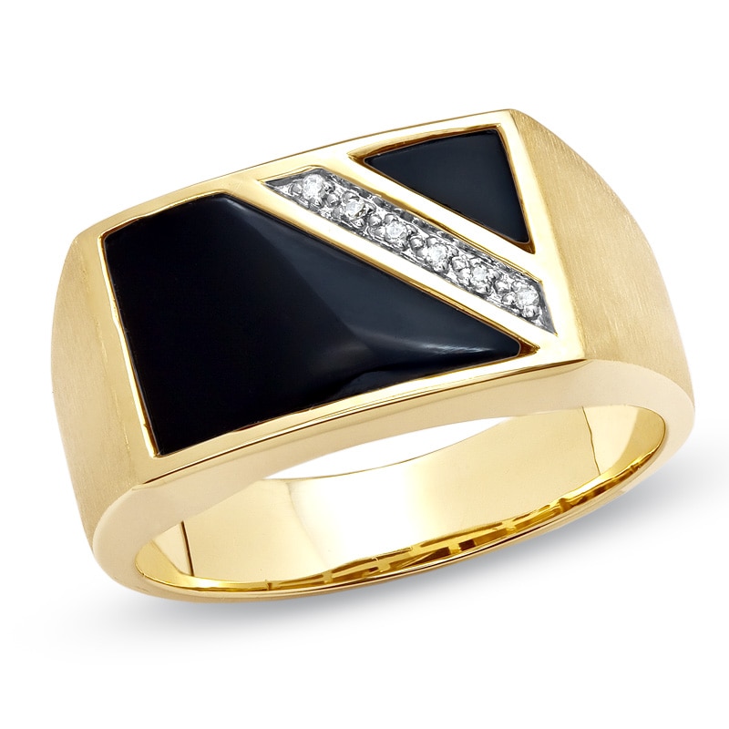 Men's Onyx Flag Ring with Diamond Accents in 10K Gold - Size 10.5