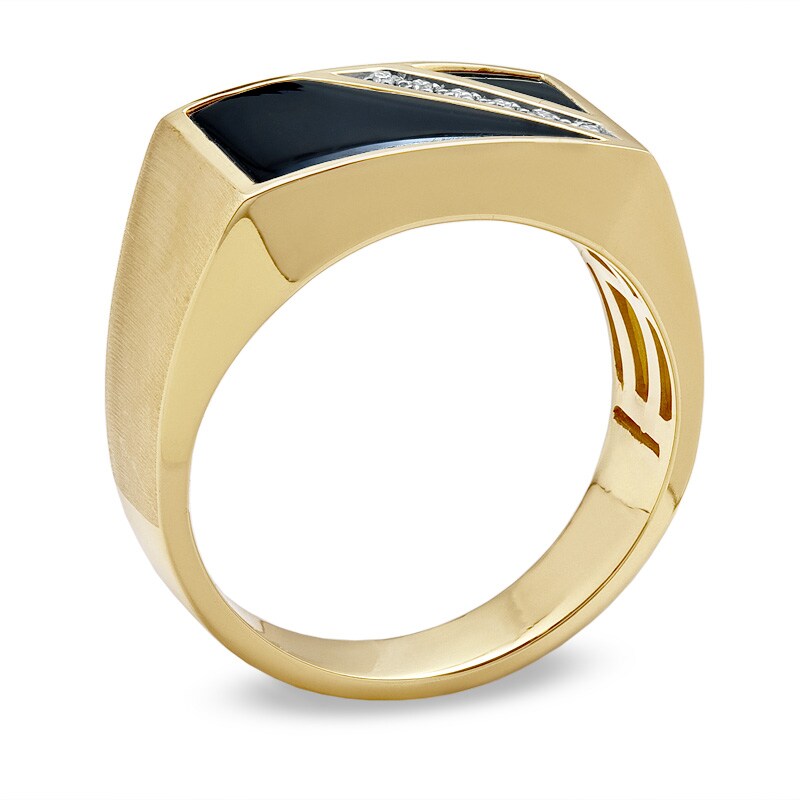 Men's Onyx Flag Ring with Diamond Accents in 10K Gold - Size 10.5