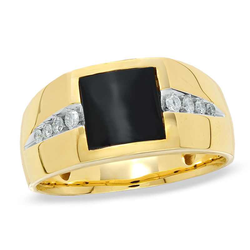 Men's 8.0mm Square Onyx and 1/5 CT. T.W. Diamond Ring in 10K Gold