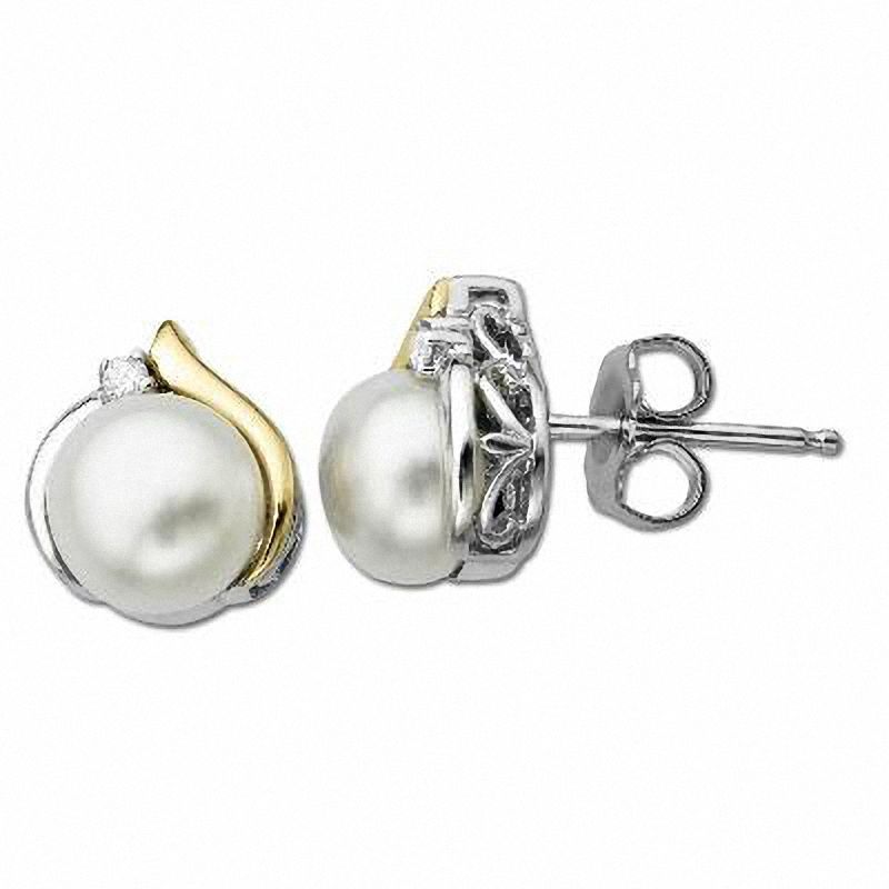 Main Image 1 of 7.0mm Freshwater Cultured Pearl and Diamond Accent Teardrop Stud Earrings in Sterling Silver and 14K Gold