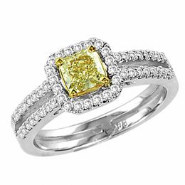 1 CT. T.W. Radiant-Cut Natural Fancy Yellow and White Diamond Split Shank Ring in 18K White Gold (SI2)