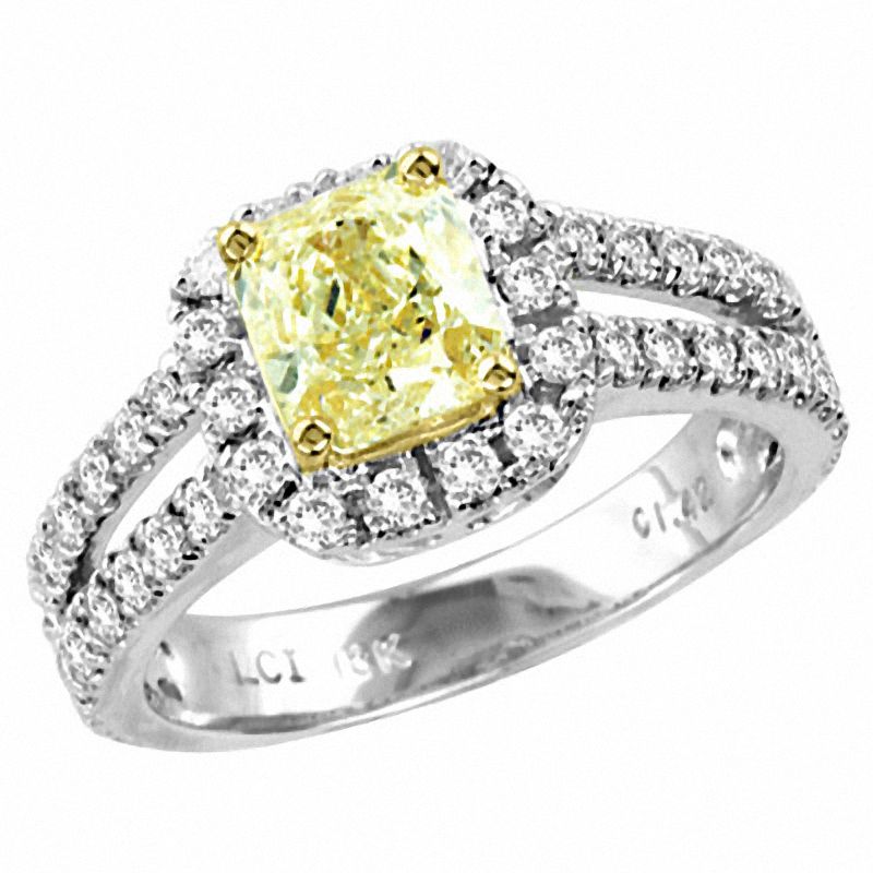 2 CT. T.W. Radiant-Cut Natural Fancy Yellow and White Diamond Split Shank Framed Ring in 18K White Gold (SI2)