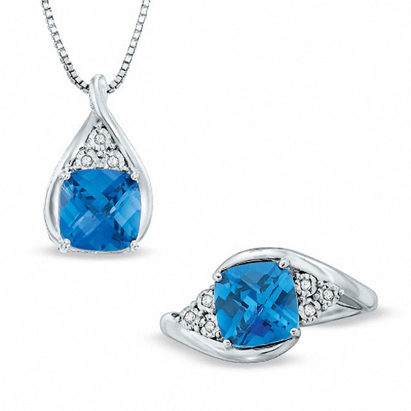 8.0mm Cushion-Cut Lab-Created Ceylon Sapphire and Diamond Pendant and Ring Set in Sterling Silver